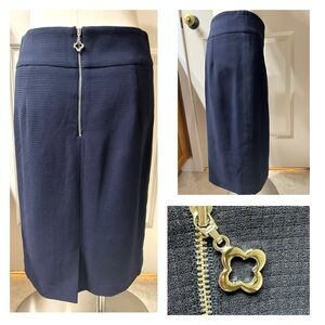 Pink Tartan Textured Navy Blue Wool Pencil Skirt with Side Stripe